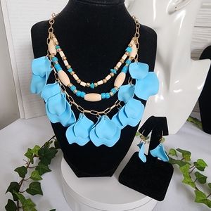 Boho Blue Multi Strand Petal Necklace Earrings Set New